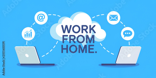 Laptops connecting via cloud during remote work with communication icons and analytics graph