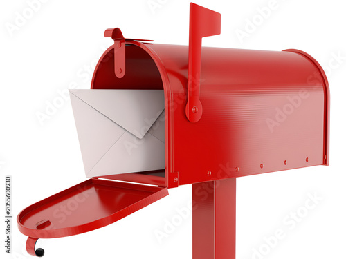 Red mailbox with letter inside during daytime with open door and flag up signifying communication and delivery