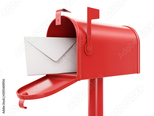 Red mailbox with white envelope during daytime with conceptual use for communication and delivery services