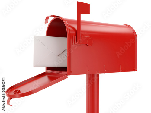 Red mailbox with open door and letter inside during daytime with bright lighting