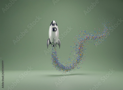 Vibrant Rocket Liftoff Leaving a Swirl of Multicolored Balls