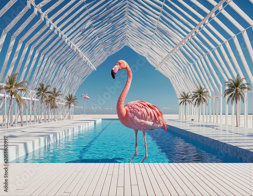 Pink Flamingo by a Serene Pool Under a White Archway