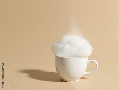 Whimsical Cloud Overflowing from a White Mug on Beige