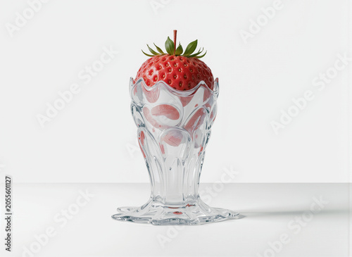 Strawberry in a surreal melting glass vase, artistic food display