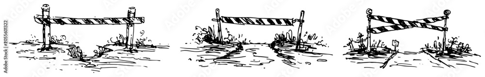 Naklejka premium Road barrier barricade vector set, hand drawn street block sketch, black and white construction warning sign line art, restricted area illustration
