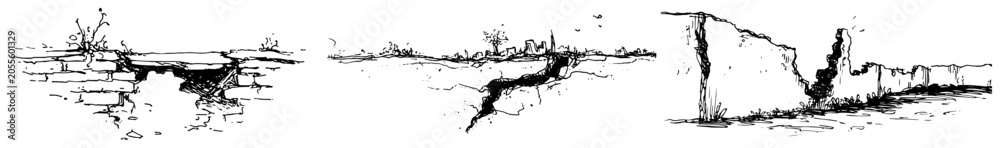 Obraz premium Ground cracks and wall damage vector set, hand drawn earth fissure sketch, black and white earthquake or erosion line art, destroyed surface illustration