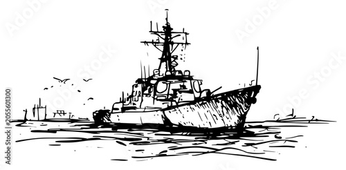 Bild auf Leinwand Naval warship at sea vector illustration, military destroyer vessel sketch, mari