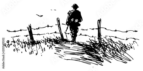 Schilderij op canvas Lone soldier walking by barbed wire fence vector illustration, hand drawn milita