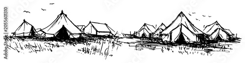 Foto Military camp tents vector illustration, outdoor campsite sketch, field base for