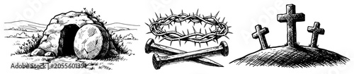 Fotografia Easter religious Christian symbols vector set, empty tomb rolled stone crown of