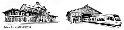 Schilderij op canvas Train station and modern commuter train vector set, railway terminal building an