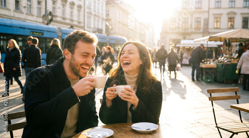 A joyful couple laughs together while drinking coffee at an outdoor terrace in a sunlit European city square, capturing a moment of genuine connection and urban cheerfulness.
