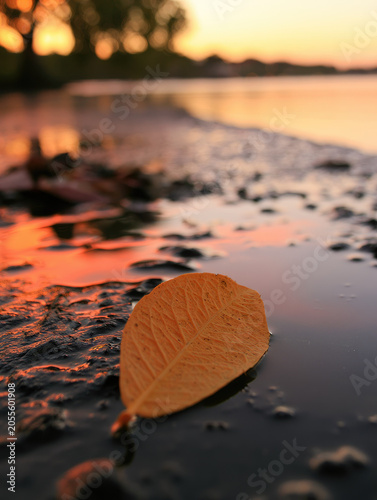 Orange leaf on wet mud at sunset with reflective water and soft shoreline bokeh, calm natural landscape with warm twilight light