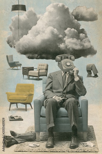 Conceptual analog collage in mid-century retro-futurism