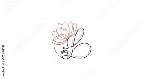 Minimalist line art lotus flower with elegant calligraphic flourishes on white background
