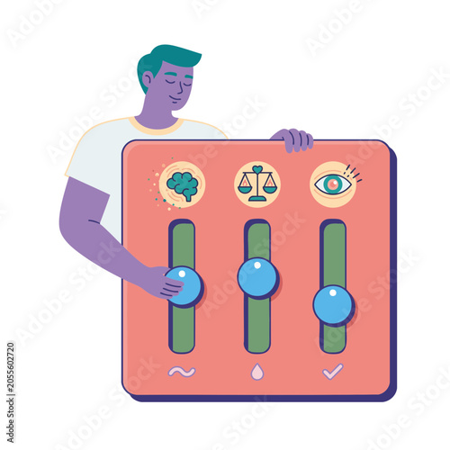 Modern Bright Vector Illustration Of Person Adjusting Simple Settings Panel With Large Sliders On White Background For Self Regulation, Emotional Balance, Focus Control And Mental Noise Reduction
