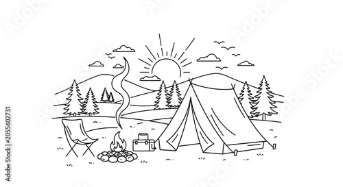 Minimalist line drawing of a camping scene by a lake at sunrise with tent and campfire