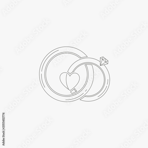 Minimalist line drawing of two interlocking wedding rings with a diamond and a heart symbol