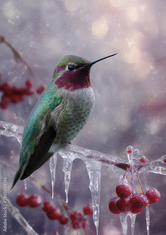 Fototapeta premium Hummingbird perched on icy branch with red berries