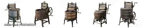 Bild auf Leinwand Antique Manual Washing Machine: Vintage Hand-Cranked Laundry Tub with Wringer -