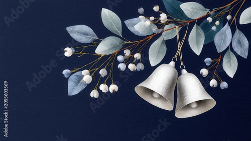 Silver bells hanging from berry branch