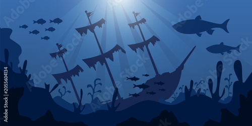 Schilderij op canvas Wrecked ship blue silhouette