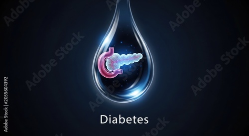 Diabetes medical concept: pancreas organ, insulin hormone, glucose level, metabolic disorder, blood sugar, endocrine system, health condition, human anatomy.