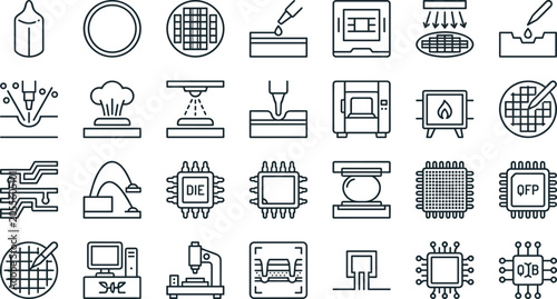 Photos Semiconductor Manufacturing and Microchip Fabrication Outline Icons Set for Elec