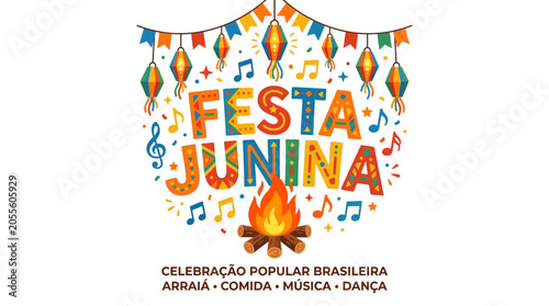 Festa junina celebration with colorful lettering and bonfire