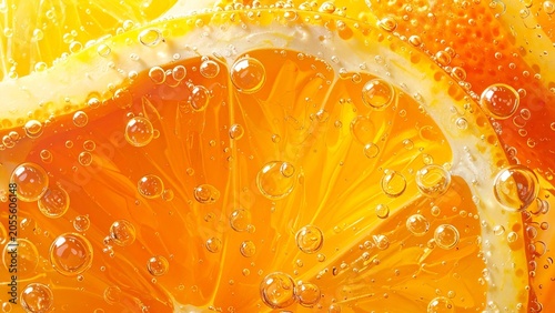 Extreme macro orange slice in sparkling soda with bubbles, fresh citrus carbonated drink close up
泡立つソーダの中の新鮮なオレンジスライスの超接写、フレッシュシトラス炭酸ドリンククローズアップ