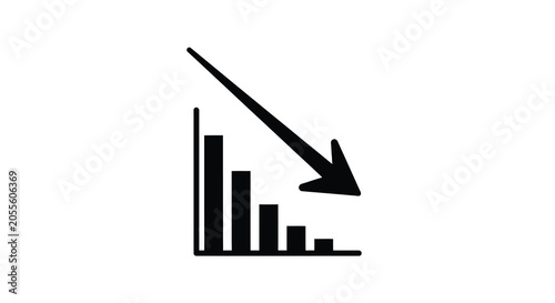 Declining bar graph with downward arrow black silhouette on white background