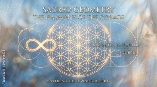 Sacred geometry pattern on a cosmic background with mystical symbols and shapes
