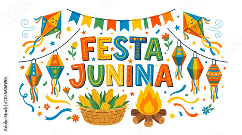 Cuadro en lienzo Colorful festa junina banner with traditional lanterns and bonfire