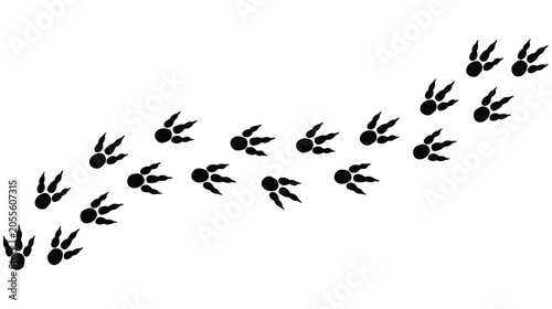 Simple black three-toed dinosaur tracks on transparent background. Isolated theropod footprints in a trail. Perfect for prehistoric, Jurassic, or fossil design concepts.