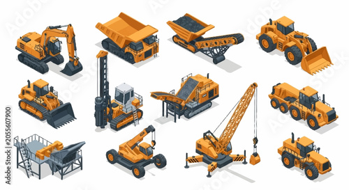 Fotografia Collection of isometric construction and mining heavy machinery vehicles and equipment
