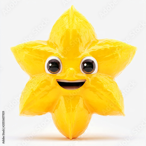 A bright yellow star fruit character shaped like a cheerful mascot with a friendly smile isolated on a clean white background