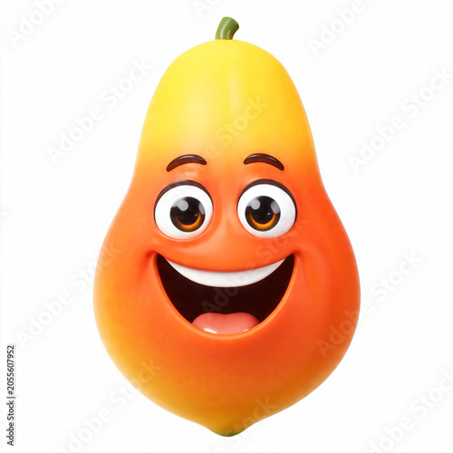 A delightful and cute 3D cartoon papaya character with a big, cheerful smile, exuding happiness and tropical charm, perfect for playful and vibrant designs