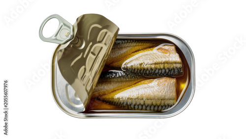 Photography Opened tin can with oily mackerel fish fillets, isolated on transparent backgrou