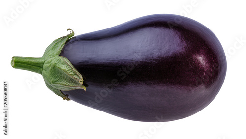 Tablou pe pânză Dark purple eggplant with green stem and calyx, isolated on transparent backgrou