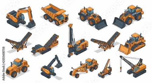 Collection of isometric construction vehicles and heavy machinery on a white background.