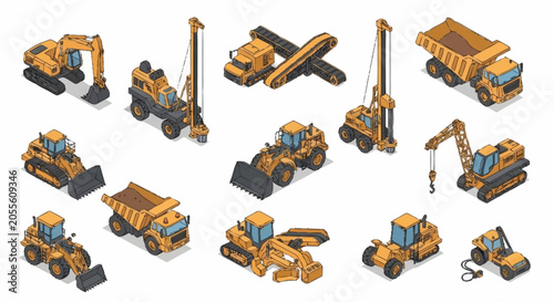 Collection of colorful isometric construction vehicles and machinery.