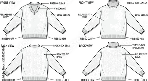 Schilderij op canvas Technical drawing of fashion garment sweater showing front and back view with collar long sleeve hem ribbed cuff