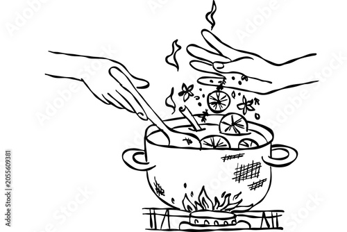 Boiling Cartoon Soup with Spoon and Steam in Black and White Illustration