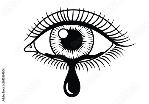 Quadro su tela Crying eye with teardrop symbol of sadness grief and heartbreak black and white illustration, emotional state concept