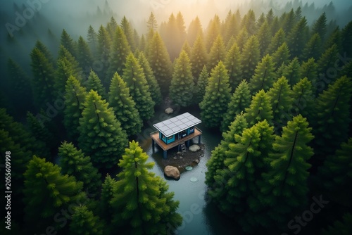 Aerial view of a modern blue cabin surrounded by dense pine forest with sunlight filtering through early morning mist over water