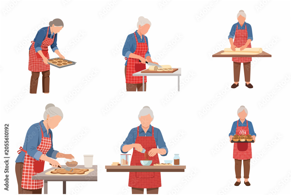 Fototapeta premium Senior woman baking homemade cinnamon rolls flat vector illustration set