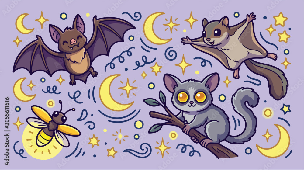 Obraz premium Nocturnal animals doodle set