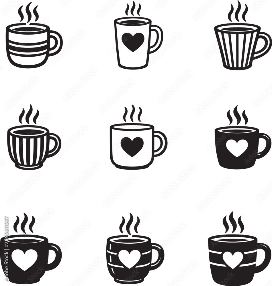 Fototapeta premium Collection of steaming coffee mugs with heart and stripe patterns in cozy vector style.