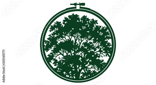 Konstfotografi Treescape Within Circular Frame Dark Green Silhouette On White Background