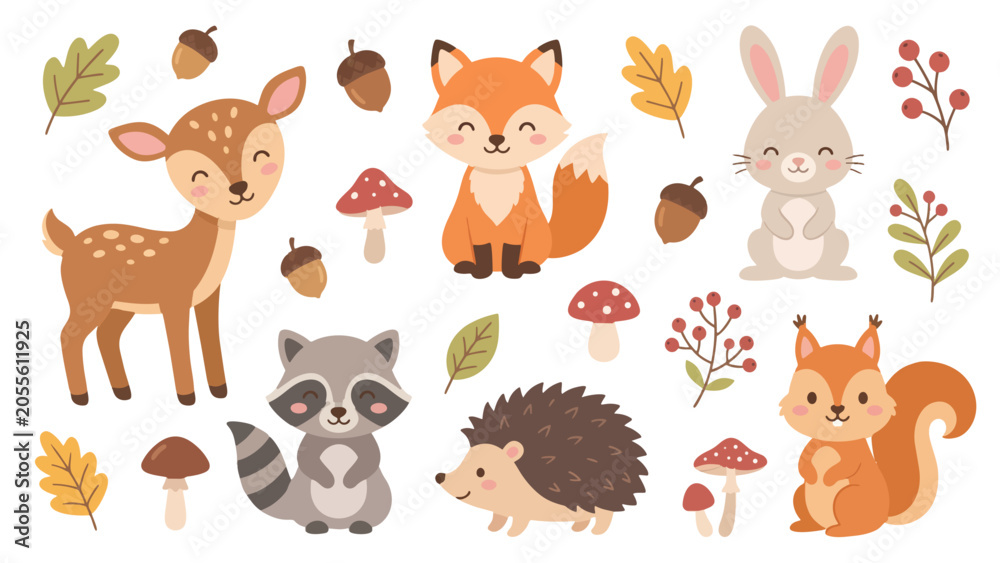 Naklejka premium Baby Woodland Animal Clipart Set for Nursery Decoration, Educational Material and Children's Publishing Vector Pack